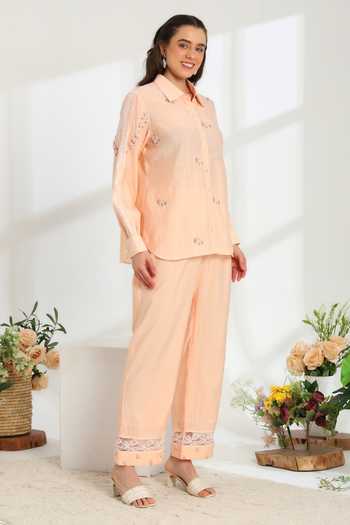 DAREISS Peach Cotton, Silk Collared Neck Spring Embroidered Shirt And Pant Set Online at Aza Fashions DAREISS_Peach Cotton, Silk Collared Neck Spring Embroidered Shirt And Pant Set _Online_at_Aza_Fashions