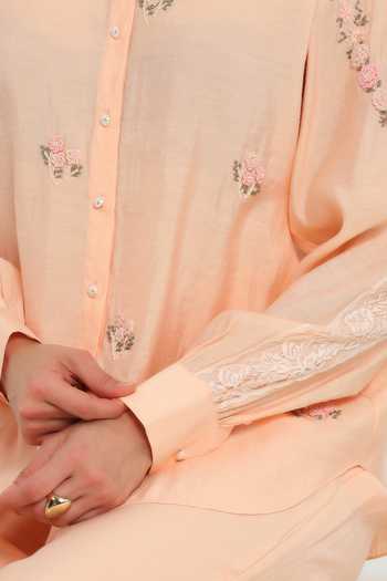 Shop DAREISS Peach Cotton, Silk Collared Neck Spring Embroidered Shirt And Pant Set Online at Aza Fashions Shop_DAREISS_Peach Cotton, Silk Collared Neck Spring Embroidered Shirt And Pant Set _Online_at_Aza_Fashions