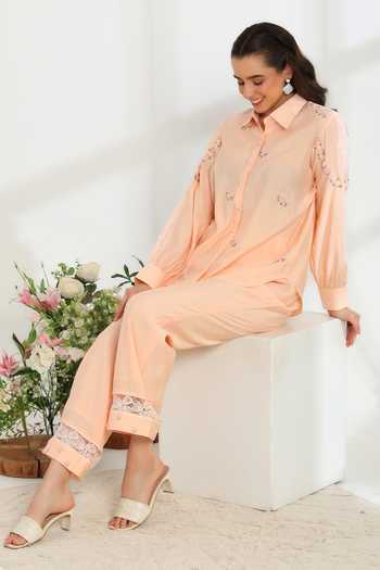 Buy DAREISS Peach Cotton, Silk Collared Neck Spring Embroidered Shirt And Pant Set Buy_DAREISS_Peach Cotton, Silk Collared Neck Spring Embroidered Shirt And Pant Set