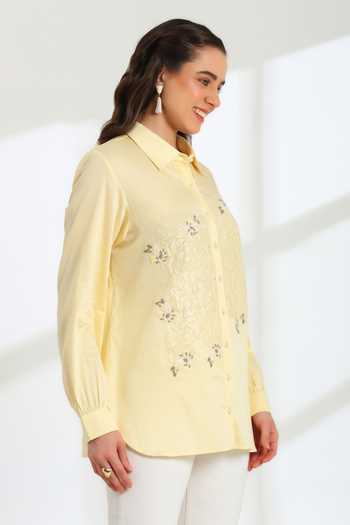 DAREISS_Yellow Cotton Collared Neck Hand Embroidered Shirt _Online_at_Aza_Fashions