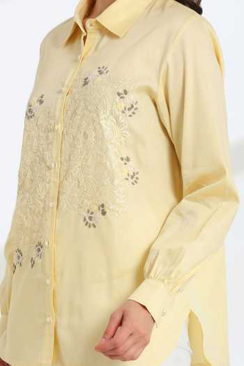 DAREISS_Yellow Cotton Collared Neck Hand Embroidered Shirt _at_Aza_Fashions