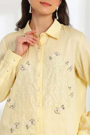 DAREISS Yellow Cotton, Linen Collared Neck Hand Embroidered Shirt And Pant Set Online at Aza Fashions DAREISS_Yellow Cotton, Linen Collared Neck Hand Embroidered Shirt And Pant Set _Online_at_Aza_Fashions
