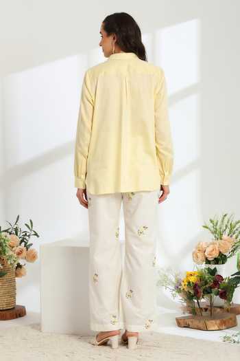 Shop DAREISS Yellow Cotton, Linen Collared Neck Hand Embroidered Shirt And Pant Set at Aza Fashions Shop_DAREISS_Yellow Cotton, Linen Collared Neck Hand Embroidered Shirt And Pant Set _at_Aza_Fashions
