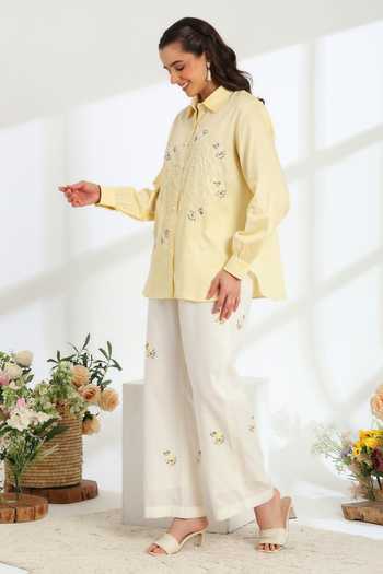 Shop DAREISS Yellow Cotton, Linen Collared Neck Hand Embroidered Shirt And Pant Set Online at Aza Fashions Shop_DAREISS_Yellow Cotton, Linen Collared Neck Hand Embroidered Shirt And Pant Set _Online_at_Aza_Fashions