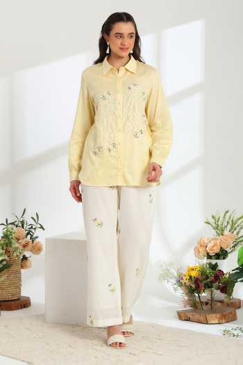 DAREISS Yellow Cotton, Linen Collared Neck Hand Embroidered Shirt And Pant Set at Aza Fashions DAREISS_Yellow Cotton, Linen Collared Neck Hand Embroidered Shirt And Pant Set _at_Aza_Fashions
