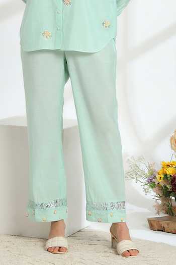 DAREISS Blue Silk, Cotton Collared Neck Spring Shirt And Pant Set Online at Aza Fashions DAREISS_Blue Silk, Cotton Collared Neck Spring Shirt And Pant Set _Online_at_Aza_Fashions