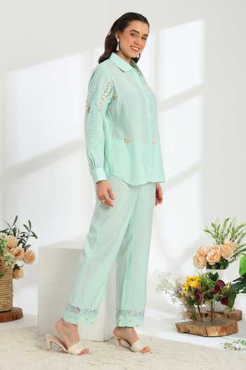 Buy DAREISS Blue Silk, Cotton Collared Neck Spring Shirt And Pant Set Online at Aza Fashions Buy_DAREISS_Blue Silk, Cotton Collared Neck Spring Shirt And Pant Set _Online_at_Aza_Fashions