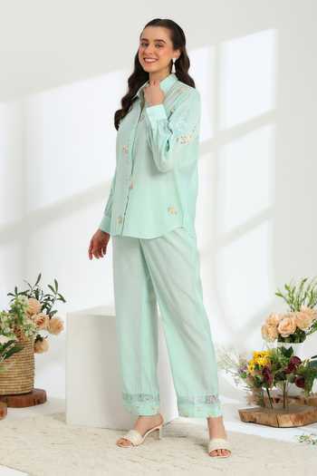 Shop DAREISS Blue Silk, Cotton Collared Neck Spring Shirt And Pant Set Online at Aza Fashions Shop_DAREISS_Blue Silk, Cotton Collared Neck Spring Shirt And Pant Set _Online_at_Aza_Fashions