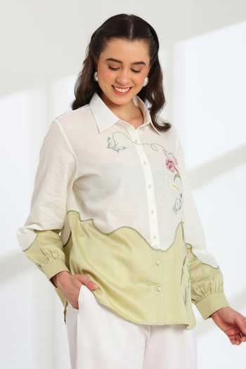 Buy DAREISS Green Silk, Linen Collared Neck Ether Embroidered Shirt Online at Aza Fashions Buy_DAREISS_Green Silk, Linen Collared Neck Ether Embroidered Shirt _Online_at_Aza_Fashions