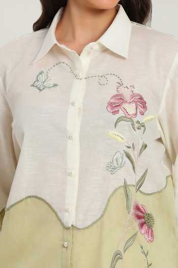 Buy DAREISS Green Silk, Linen Collared Neck Ether Embroidered Shirt Buy_DAREISS_Green Silk, Linen Collared Neck Ether Embroidered Shirt