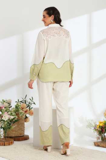 Shop DAREISS Beige Silk, Linen Collared Neck Ether Shirt And Pant Set at Aza Fashions Shop_DAREISS_Beige Silk, Linen Collared Neck Ether Shirt And Pant Set _at_Aza_Fashions