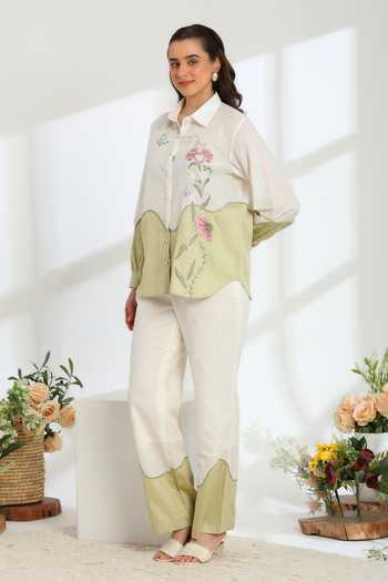 DAREISS Beige Silk, Linen Collared Neck Ether Shirt And Pant Set Online at Aza Fashions DAREISS_Beige Silk, Linen Collared Neck Ether Shirt And Pant Set _Online_at_Aza_Fashions