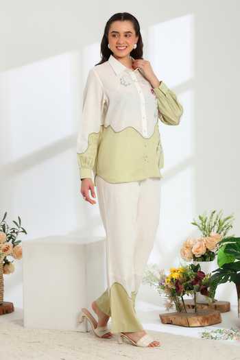 Buy DAREISS Beige Silk, Linen Collared Neck Ether Shirt And Pant Set Online at Aza Fashions Buy_DAREISS_Beige Silk, Linen Collared Neck Ether Shirt And Pant Set _Online_at_Aza_Fashions