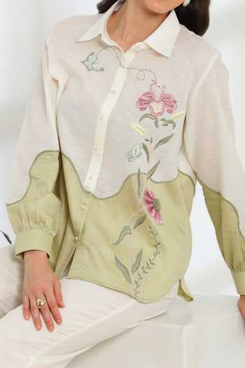 DAREISS Beige Silk, Linen Collared Neck Ether Shirt And Pant Set at Aza Fashions DAREISS_Beige Silk, Linen Collared Neck Ether Shirt And Pant Set _at_Aza_Fashions