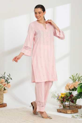 Buy DAREISS Pink Cotton, Lurex Split V-neck Silvaire Hand Embroidered Kurta And Pant Set Online at Aza Fashions Buy_DAREISS_Pink Cotton, Lurex Split V-neck Silvaire Hand Embroidered Kurta And Pant Set _Online_at_Aza_Fashions