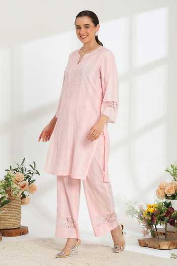 Shop DAREISS Pink Cotton, Lurex Split V-neck Silvaire Hand Embroidered Kurta And Pant Set Online at Aza Fashions Shop_DAREISS_Pink Cotton, Lurex Split V-neck Silvaire Hand Embroidered Kurta And Pant Set _Online_at_Aza_Fashions