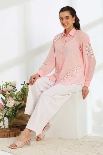 Shop DAREISS Pink Cotton Collared Neck Hand Embroidered Shirt Online at Aza Fashions Shop_DAREISS_Pink Cotton Collared Neck Hand Embroidered Shirt _Online_at_Aza_Fashions
