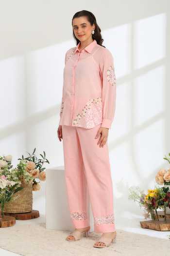 Shop_DAREISS_Pink Cotton, Linen Hand Embroidered Top And Pant Set _Online_at_Aza_Fashions