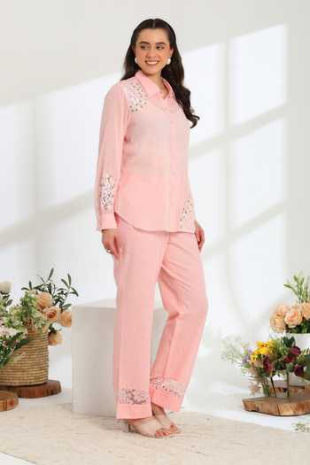 DAREISS_Pink Cotton, Linen Hand Embroidered Top And Pant Set _at_Aza_Fashions