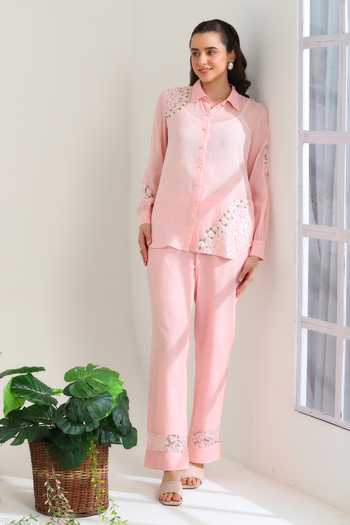 Buy_DAREISS_Pink Cotton, Linen Hand Embroidered Top And Pant Set 