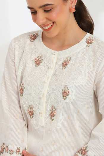 DAREISS Ivory Cotton Round Neck, Yes Lumiere Hand Embroidered Kurta And Pant Set Online at Aza Fashions DAREISS_Ivory Cotton Round Neck, Yes Lumiere Hand Embroidered Kurta And Pant Set _Online_at_Aza_Fashions