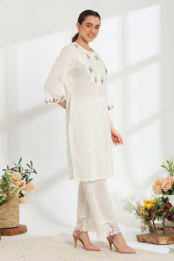 Shop DAREISS Ivory Cotton Round Neck, Yes Lumiere Hand Embroidered Kurta And Pant Set Online at Aza Fashions Shop_DAREISS_Ivory Cotton Round Neck, Yes Lumiere Hand Embroidered Kurta And Pant Set _Online_at_Aza_Fashions