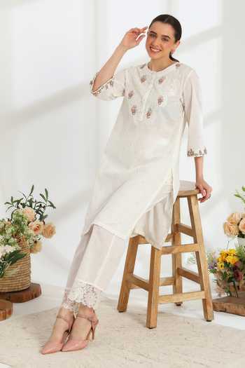 Buy DAREISS Ivory Cotton Round Neck, Yes Lumiere Hand Embroidered Kurta And Pant Set Buy_DAREISS_Ivory Cotton Round Neck, Yes Lumiere Hand Embroidered Kurta And Pant Set