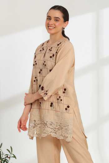 DAREISS Beige Silk, Cotton Round Neck Embroidered Kurta And Pant Set Online at Aza Fashions DAREISS_Beige Silk, Cotton Round Neck Embroidered Kurta And Pant Set _Online_at_Aza_Fashions