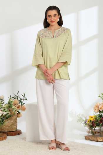 Shop DAREISS Green Cotton Split V-neck Jade Blossom Embroidered Top Online at Aza Fashions Shop_DAREISS_Green Cotton Split V-neck Jade Blossom Embroidered Top _Online_at_Aza_Fashions