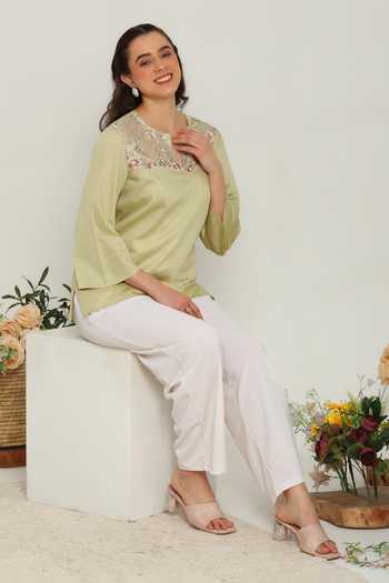 DAREISS Green Cotton Split V-neck Jade Blossom Embroidered Top at Aza Fashions DAREISS_Green Cotton Split V-neck Jade Blossom Embroidered Top _at_Aza_Fashions