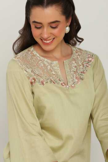 Buy DAREISS Green Cotton Split V-neck Jade Blossom Embroidered Top Buy_DAREISS_Green Cotton Split V-neck Jade Blossom Embroidered Top