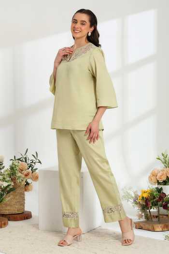 Buy DAREISS Green Cotton Split V-neck Jade Embroidered Top And Pant Set Online at Aza Fashions Buy_DAREISS_Green Cotton Split V-neck Jade Embroidered Top And Pant Set _Online_at_Aza_Fashions