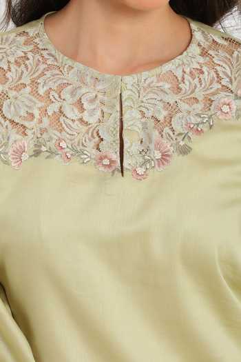 Shop DAREISS Green Cotton Split V-neck Jade Embroidered Top And Pant Set Shop_DAREISS_Green Cotton Split V-neck Jade Embroidered Top And Pant Set