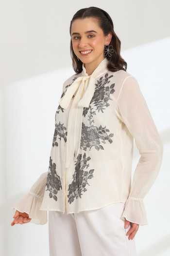 Buy_DAREISS_Ivory Cotton High Neck Solaire Floral Pattern Top _Online_at_Aza_Fashions