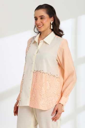 DAREISS Peach Silk, Linen Collared Neck Florea Hand Embroidered Shirt Online at Aza Fashions DAREISS_Peach Silk, Linen Collared Neck Florea Hand Embroidered Shirt _Online_at_Aza_Fashions
