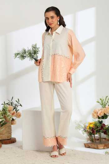 Buy DAREISS Peach Silk, Linen Collared Neck Florea Hand Embroidered Shirt Online at Aza Fashions Buy_DAREISS_Peach Silk, Linen Collared Neck Florea Hand Embroidered Shirt _Online_at_Aza_Fashions