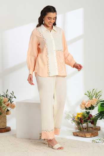 DAREISS Beige Silk, Linen Collared Neck Florea Hand Embroidered Shirt And Pant Set Online at Aza Fashions DAREISS_Beige Silk, Linen Collared Neck Florea Hand Embroidered Shirt And Pant Set _Online_at_Aza_Fashions