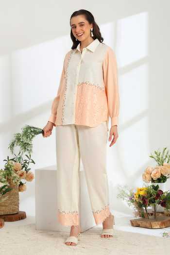 Shop DAREISS Beige Silk, Linen Collared Neck Florea Hand Embroidered Shirt And Pant Set Online at Aza Fashions Shop_DAREISS_Beige Silk, Linen Collared Neck Florea Hand Embroidered Shirt And Pant Set _Online_at_Aza_Fashions