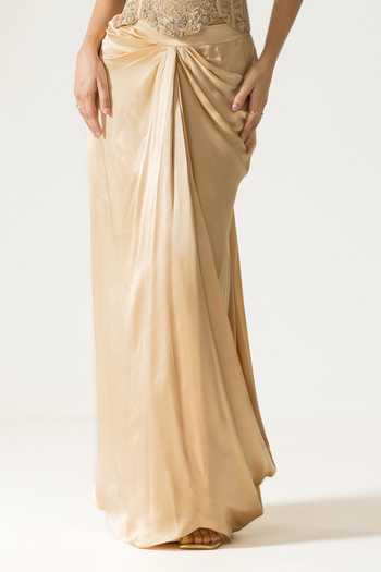 DAREISS_Beige Silk Satin, Lace Lace, Beads Ivoria Chantilly Work Corset And Skirt Set _Online_at_Aza_Fashions