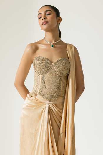 Buy_DAREISS_Beige Silk Satin, Lace Lace, Beads Ivoria Chantilly Work Corset And Skirt Set _Online_at_Aza_Fashions