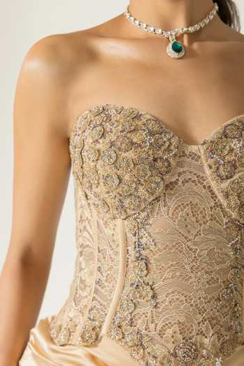 Shop_DAREISS_Beige Silk Satin, Lace Lace, Beads Ivoria Chantilly Work Corset And Skirt Set _Online_at_Aza_Fashions
