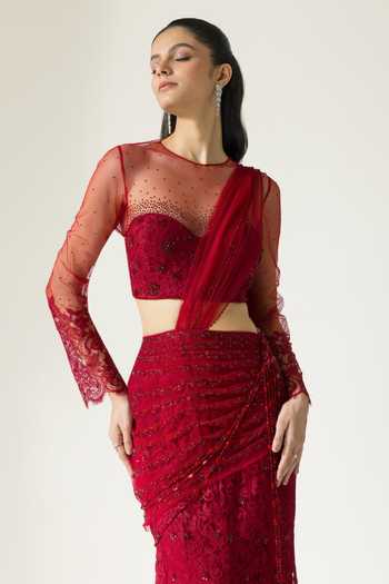 Buy DAREISS Red Lace, Chantilly Round Neck Hand Embroidered Pre-draped Saree With Blouse Online at Aza Fashions Buy_DAREISS_Red Lace, Chantilly Round Neck Hand Embroidered Pre-draped Saree With Blouse _Online_at_Aza_Fashions