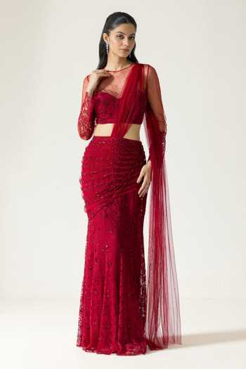 Shop DAREISS Red Lace, Chantilly Round Neck Hand Embroidered Pre-draped Saree With Blouse Online at Aza Fashions Shop_DAREISS_Red Lace, Chantilly Round Neck Hand Embroidered Pre-draped Saree With Blouse _Online_at_Aza_Fashions
