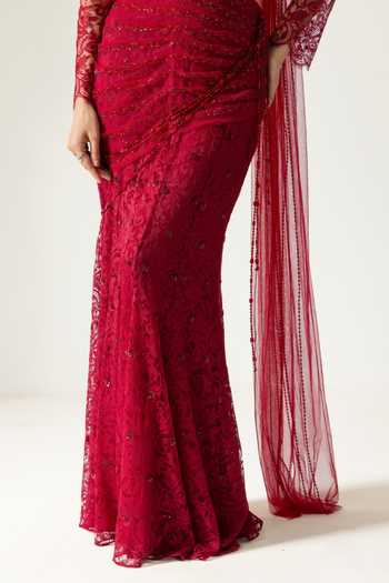 Buy DAREISS Red Lace, Chantilly Round Neck Hand Embroidered Pre-draped Saree With Blouse Buy_DAREISS_Red Lace, Chantilly Round Neck Hand Embroidered Pre-draped Saree With Blouse