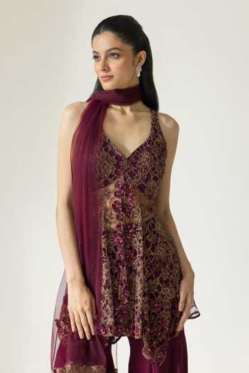 DAREISS Wine Lace, Viscose Georgette, Chantilly V-neck Embroidered Kurta Sharara Set Online at Aza Fashions DAREISS_Wine Lace, Viscose Georgette, Chantilly V-neck Embroidered Kurta Sharara Set _Online_at_Aza_Fashions