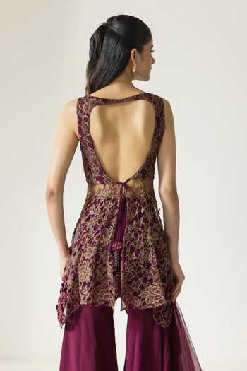 Buy DAREISS Wine Lace, Viscose Georgette, Chantilly V-neck Embroidered Kurta Sharara Set Online at Aza Fashions Buy_DAREISS_Wine Lace, Viscose Georgette, Chantilly V-neck Embroidered Kurta Sharara Set _Online_at_Aza_Fashions