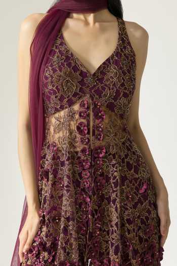 Buy DAREISS Wine Lace, Viscose Georgette, Chantilly V-neck Embroidered Kurta Sharara Set Buy_DAREISS_Wine Lace, Viscose Georgette, Chantilly V-neck Embroidered Kurta Sharara Set