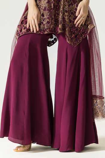 Shop DAREISS Wine Lace, Viscose Georgette, Chantilly V-neck Embroidered Kurta Sharara Set Shop_DAREISS_Wine Lace, Viscose Georgette, Chantilly V-neck Embroidered Kurta Sharara Set