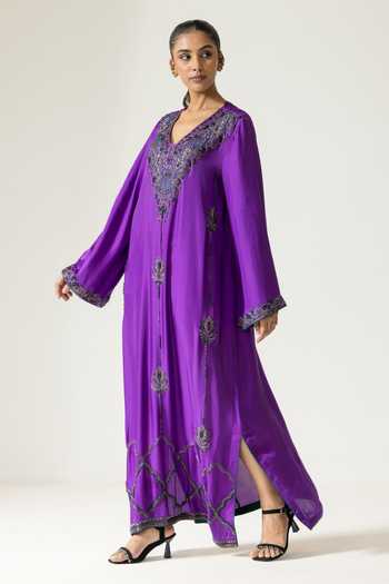 Shop DAREISS Purple Silk V-neck Orchid Hand Embroidered Kaftan Online at Aza Fashions Shop_DAREISS_Purple Silk V-neck Orchid Hand Embroidered Kaftan _Online_at_Aza_Fashions