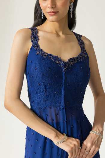 DAREISS Blue Silk, Georgette Leaf Neck Sape Hand Embroidered Kurta Set at Aza Fashions DAREISS_Blue Silk, Georgette Leaf Neck Sape Hand Embroidered Kurta Set _at_Aza_Fashions